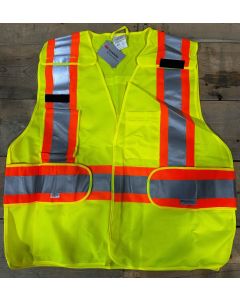 Public Safety Vest - Solid Lime 4" Orange/Silver Stripes, Adj. Side Straps, Breakaway, Velcro Front Closure